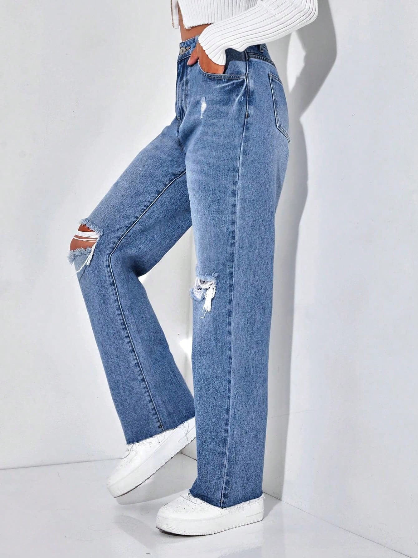 Ripped Raw Hem Straight Leg Jeans