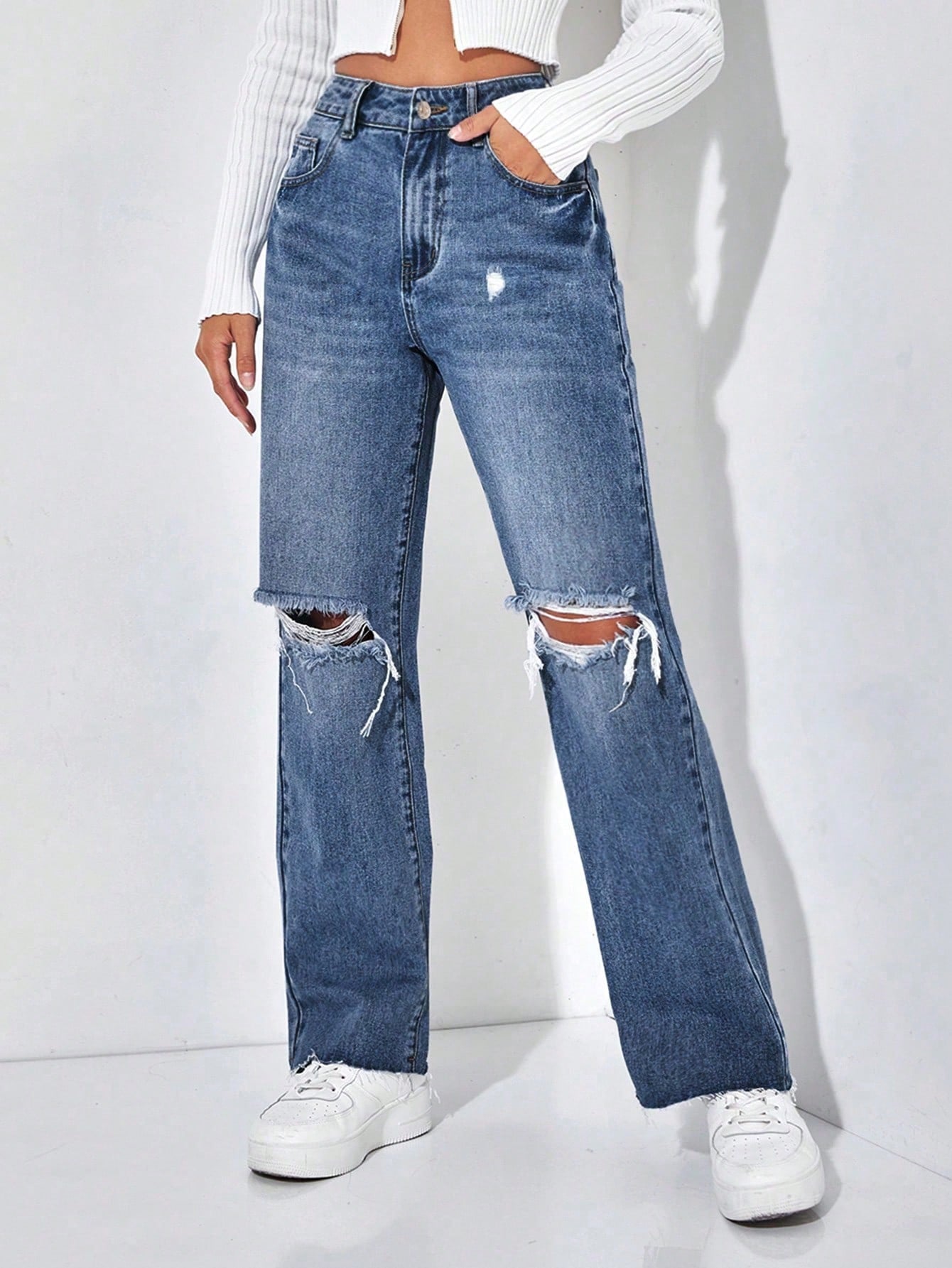 Ripped Raw Hem Straight Leg Jeans