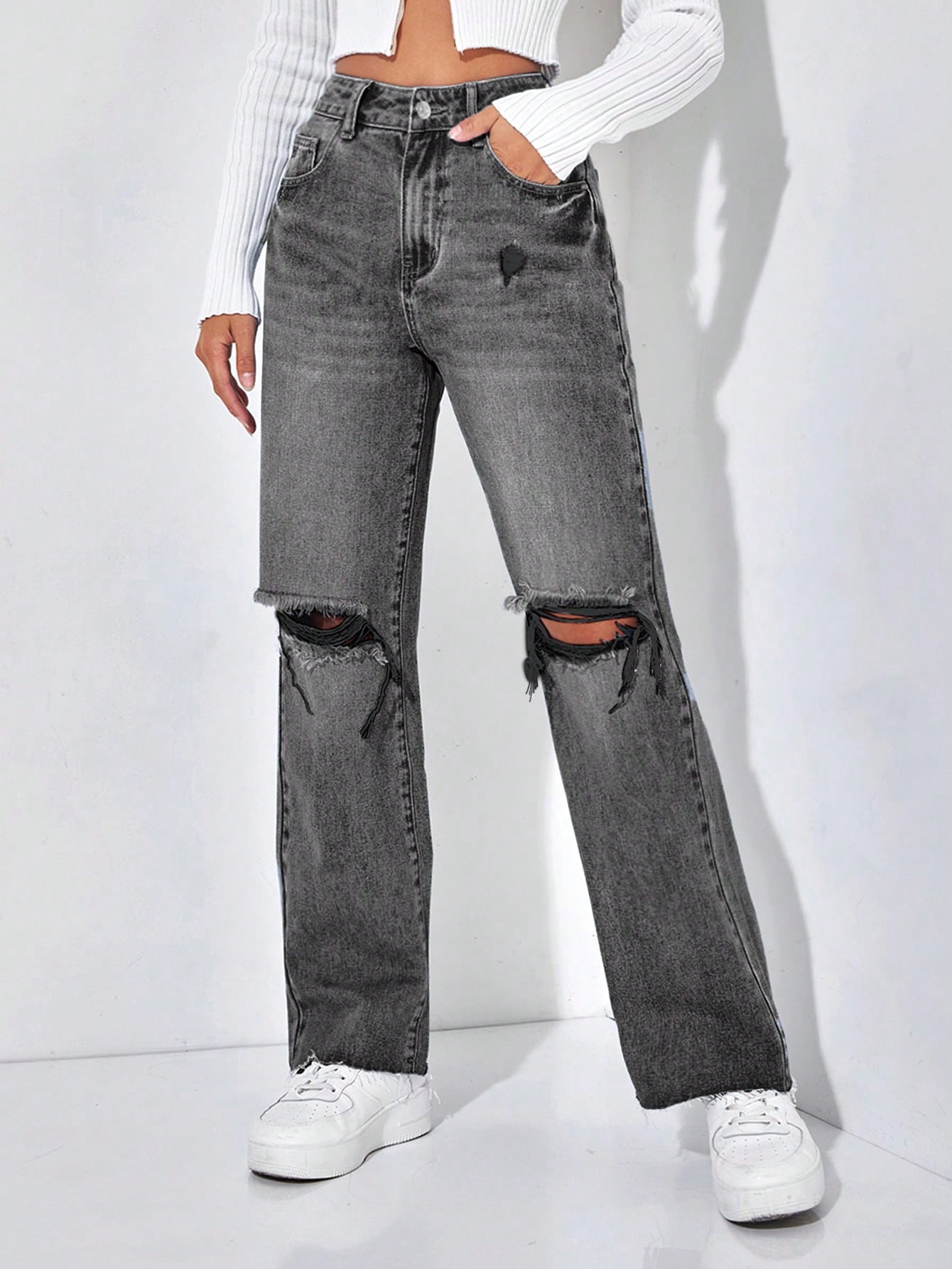 Ripped Raw Hem Straight Leg Jeans