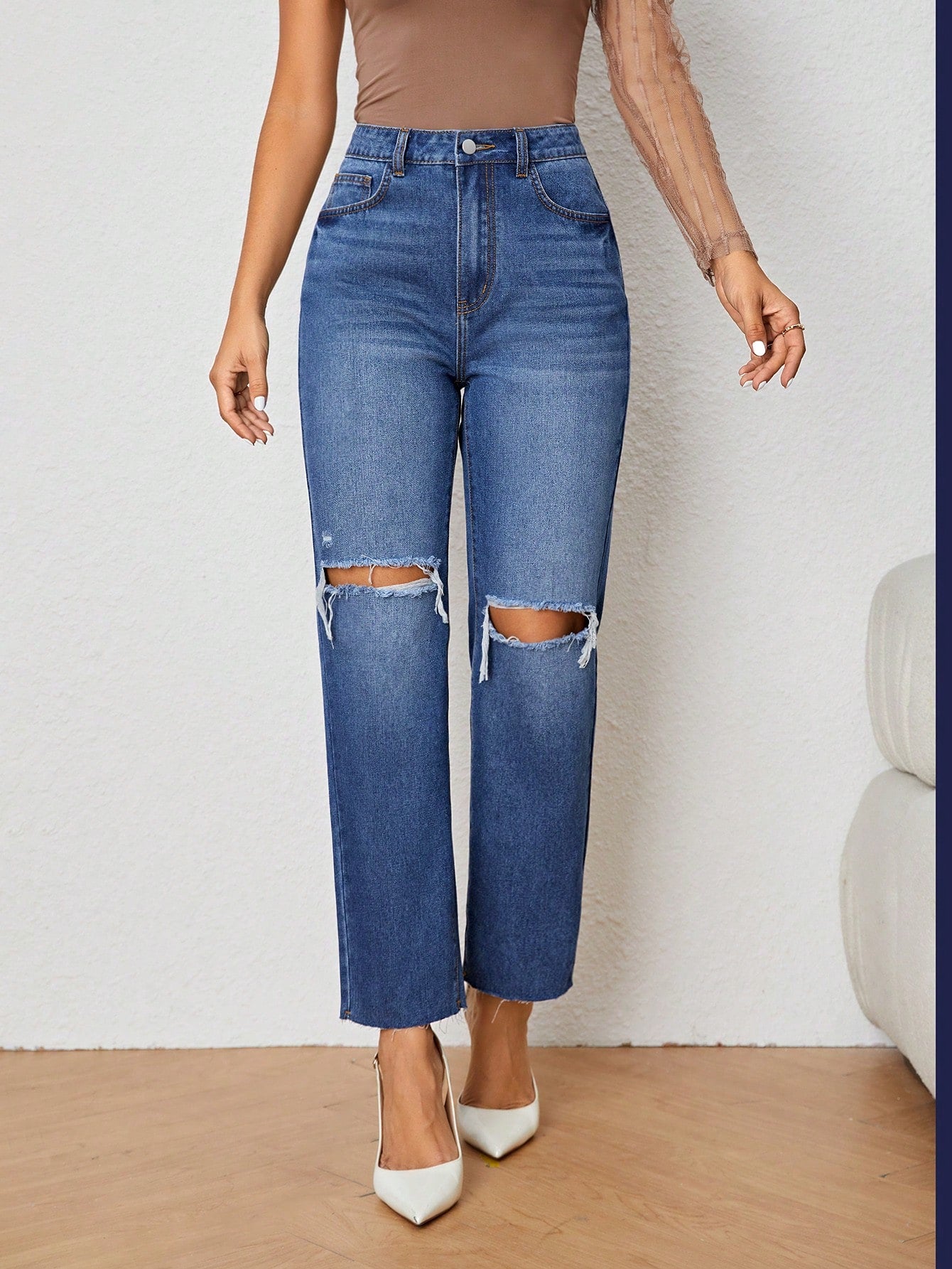 Ripped Raw Hem Straight Leg Jeans