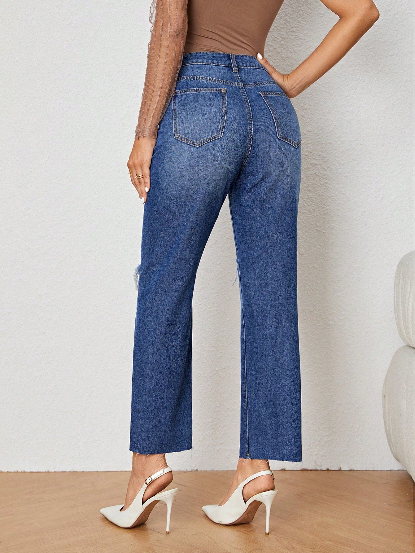 Ripped Raw Hem Straight Leg Jeans