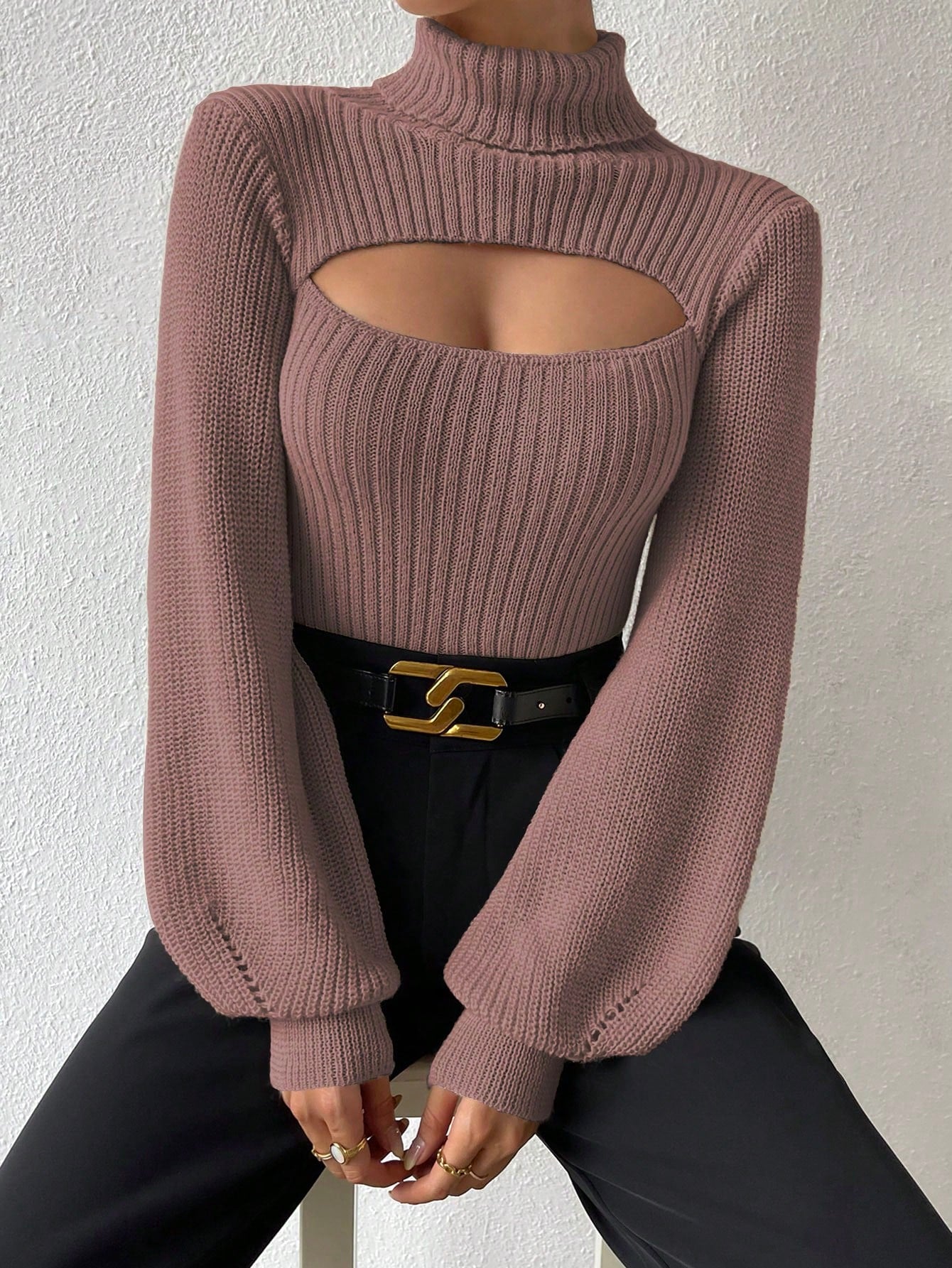 Turtleneck Cut Out Eyelet Detail Sweater