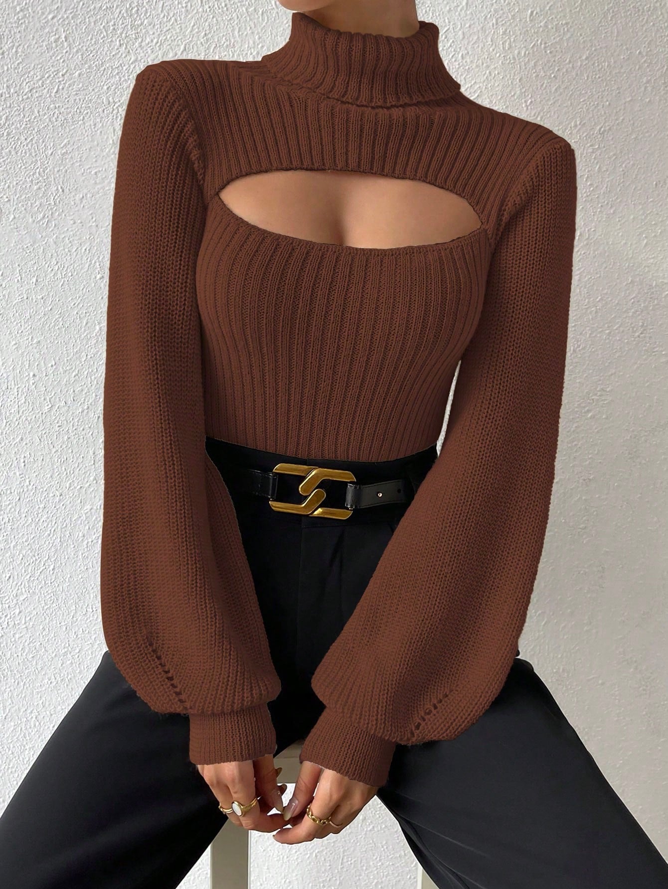 Turtleneck Cut Out Eyelet Detail Sweater