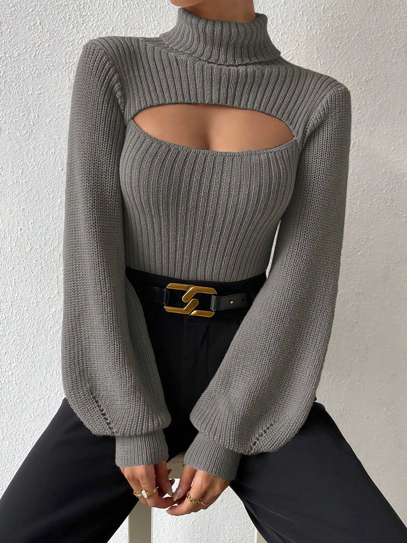 Turtleneck Cut Out Eyelet Detail Sweater