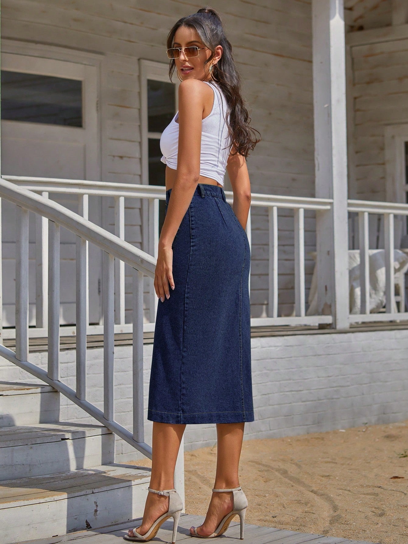 Essnce Button Front Longline Denim Skirt