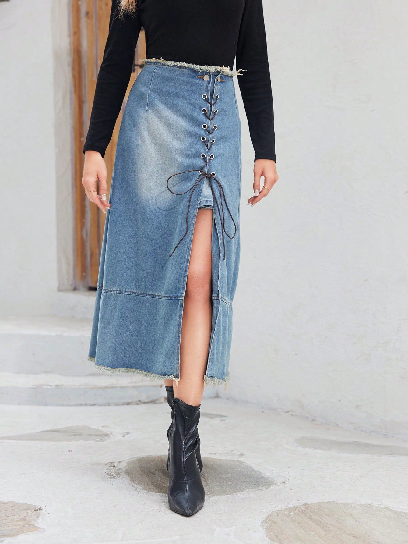 Essnce Button Front Longline Denim Skirt