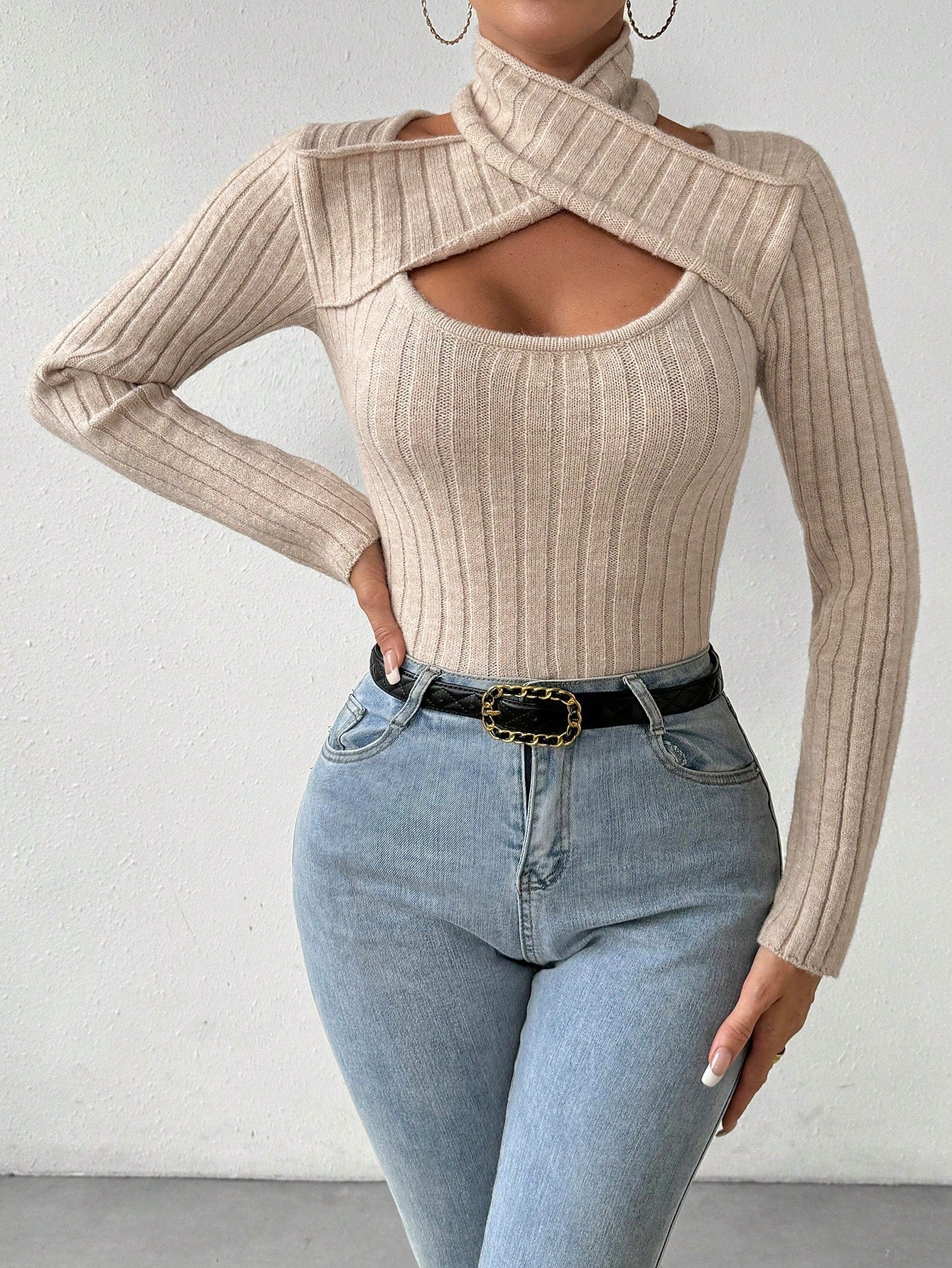 Turtleneck Cut Out Eyelet Detail Sweater