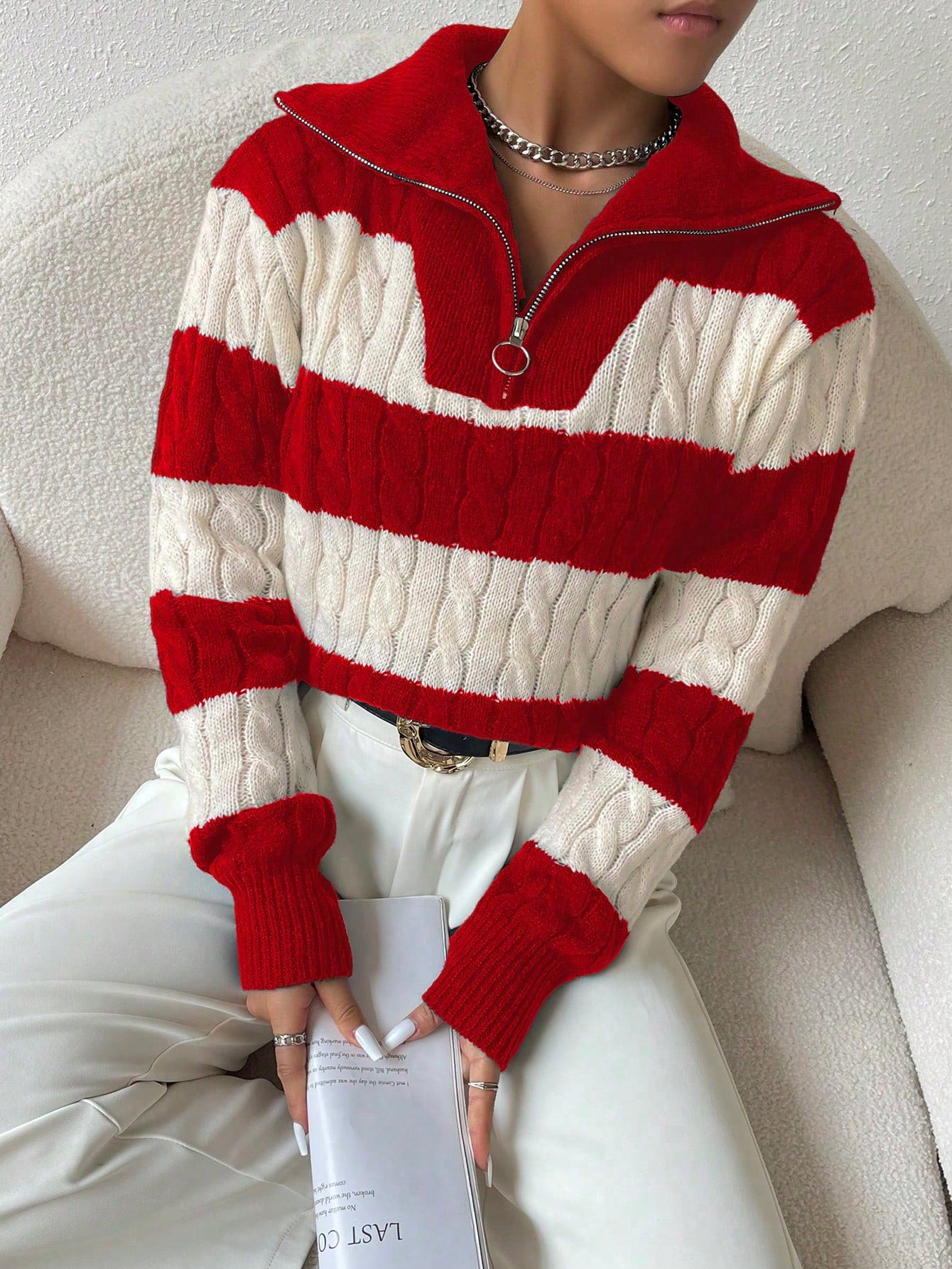 Esesnce Two Tone Cable Knit Drop Shoulder Sweater