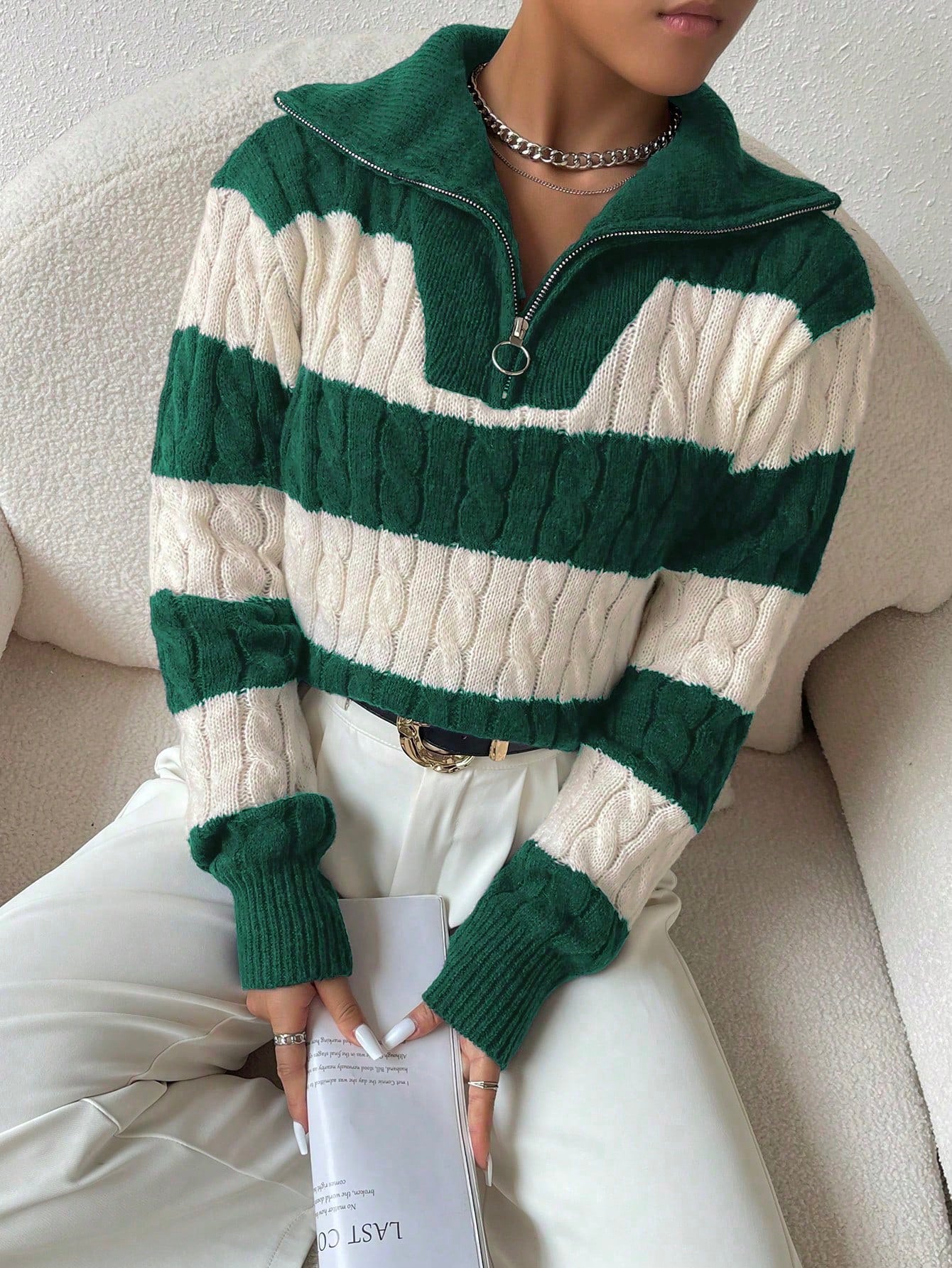 Esesnce Two Tone Cable Knit Drop Shoulder Sweater